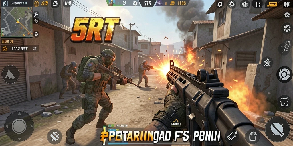 Screenshot gameplay 5RT yang menunjukkan pertarungan FPS yang mendebarkan.