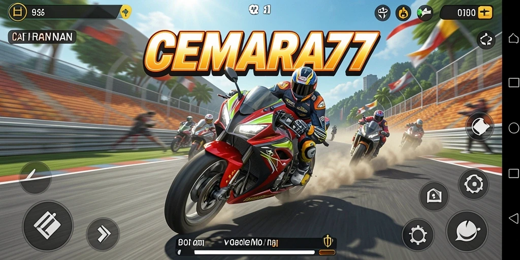 Screenshot gameplay CEMARA77 dengan aksi balapan motor yang intens.