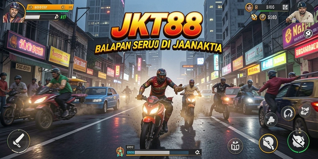 Tampilan gameplay JKT88 yang mendebarkan saat balapan di jalanan Jakarta.