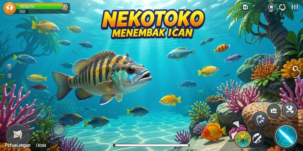Screenshot gameplay NEKOTOTO yang menegangkan dengan aksi menembak ikan.