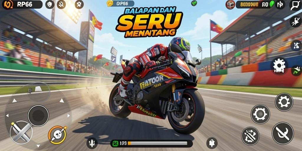 Screenshot utama RP66 menampilkan aksi balapan motor yang mendebarkan.