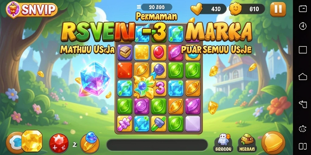 Screenshot gameplay RSNVIP menampilkan pencocokan objek cerah dalam permainan Match-3.